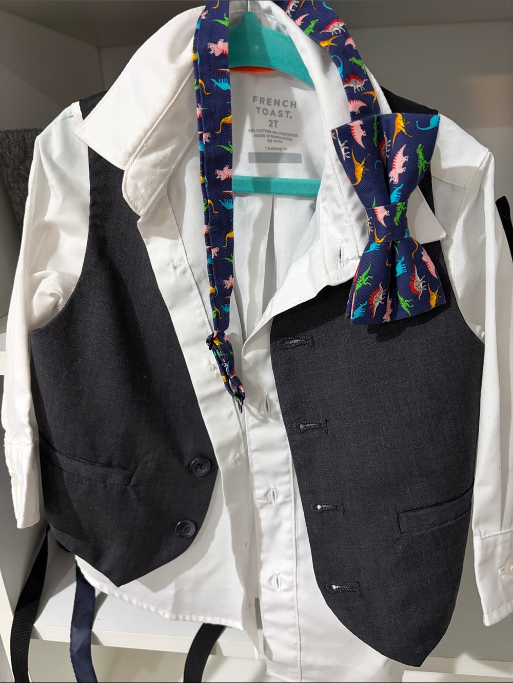 2T French Toast White Shirt with HM Charcoal Vest and Dinosaur Bow Tie